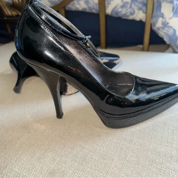 Prada Patent Leather Black Ankle Strap Heels Shoes Pumps 7